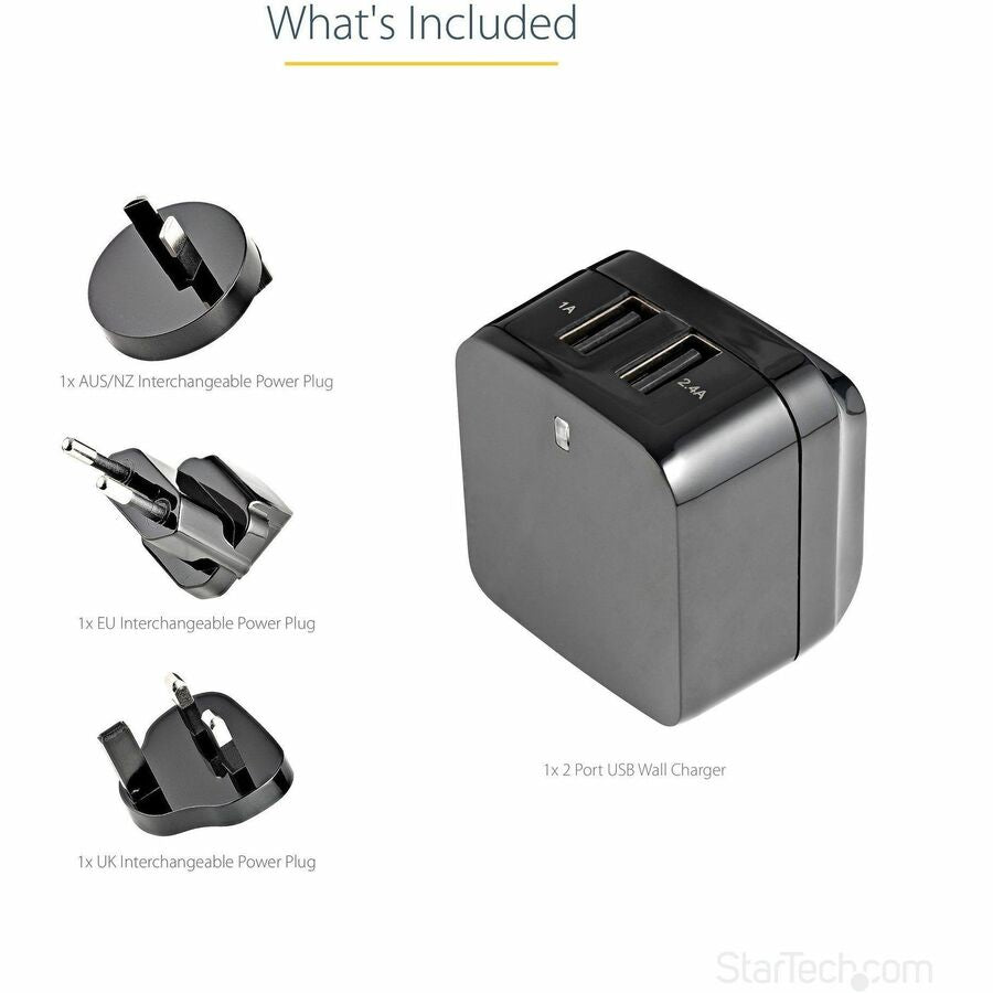 StarTech 2-Port Travel Charger - Black, World Ready, Dual USB, Compact Design, Universal Adapter