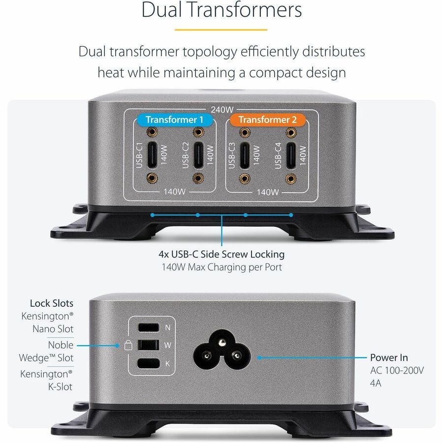 StarTech 240W USB-C GaN Desk Charger, 4-Port Multifunction Charging Hub for Boardrooms