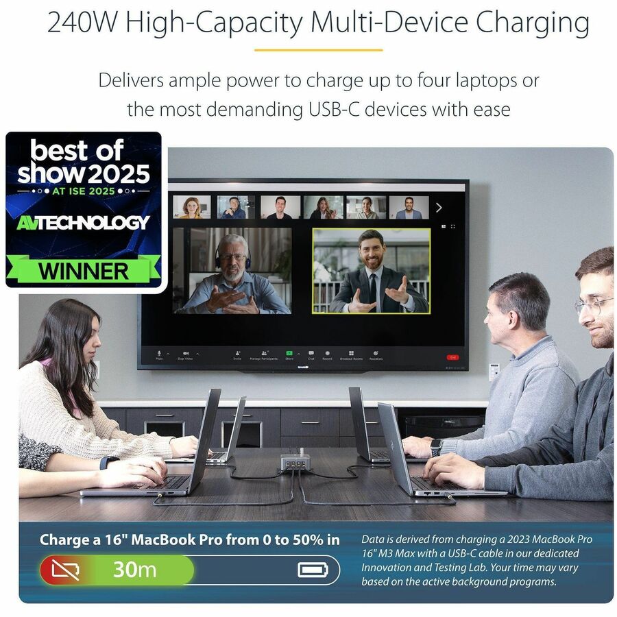 StarTech 240W USB-C GaN Desk Charger, 4-Port Multifunction Charging Hub for Boardrooms