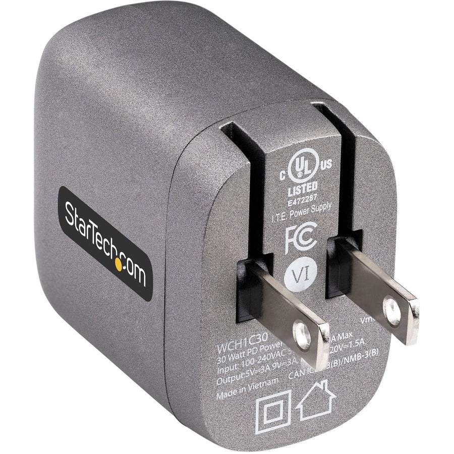 StarTech 30W GaN USB-C Charger with Power Delivery & 6.6ft Cable - Fast Charging for Laptops, Phones & Tablets