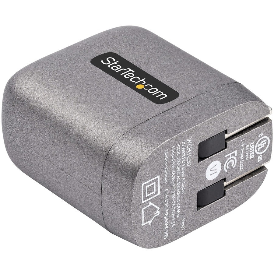 StarTech 30W GaN USB-C Charger with Power Delivery & 6.6ft Cable - Fast Charging for Laptops, Phones & Tablets