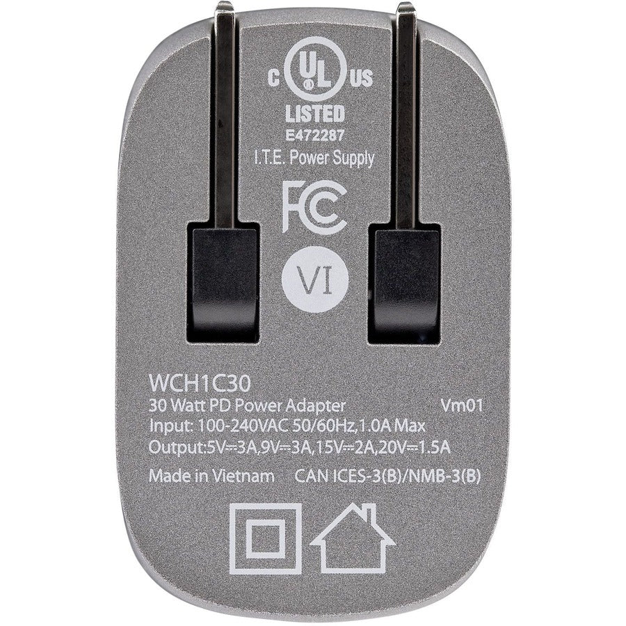 StarTech 30W GaN USB-C Charger with Power Delivery & 6.6ft Cable - Fast Charging for Laptops, Phones & Tablets