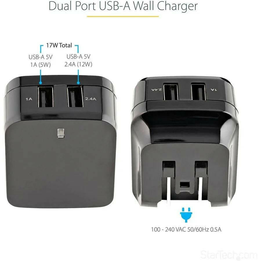 StarTech.com 17W Dual USB Wall Charger - 2 Ports (2.4A & 1A) for Global Travel