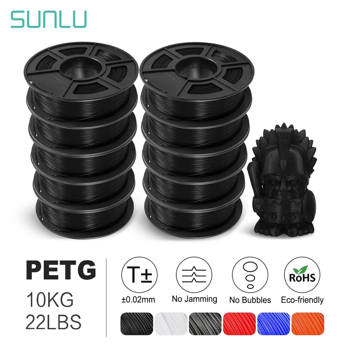 Sunlu 10 Rolls of 1kg PLA, PETG, PLA Plus Filaments - Durable 3D Printing Material Set PETG 10BK United States