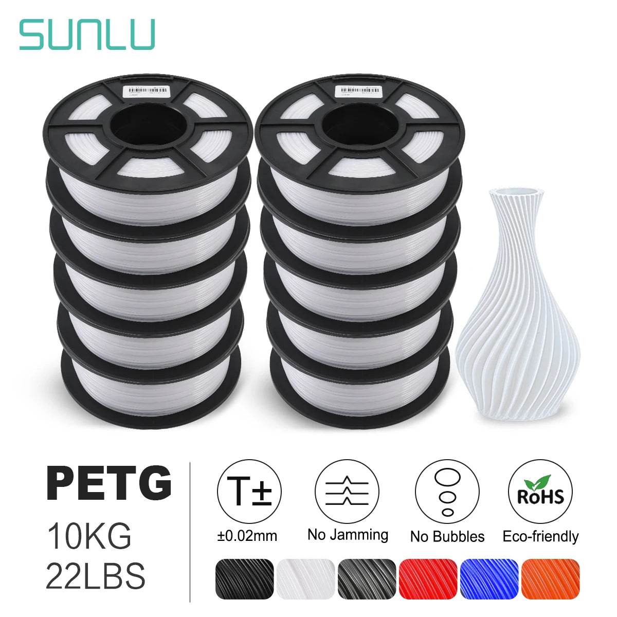 Sunlu 10 Rolls of 1kg PLA, PETG, PLA Plus Filaments - Durable 3D Printing Material Set PETG 10WT United States