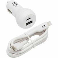 Tripp Lite 30W Dual USB Car Charger with USB-C PD 3.0 & USB-A Ports, Includes 4ft USB-C to Lightning Cable