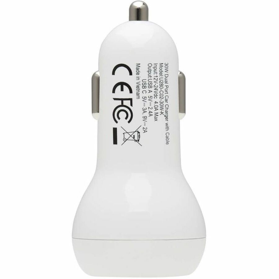 Tripp Lite 30W Dual USB Car Charger with USB-C PD 3.0 & USB-A Ports, Includes 4ft USB-C to Lightning Cable