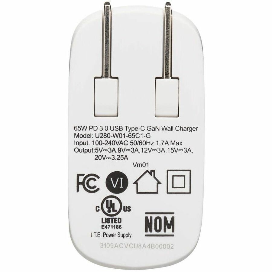 Tripp Lite 65W GaN USB-C Charger with PD 3.0 Fast Charge, Compact Folding Plug for Travel