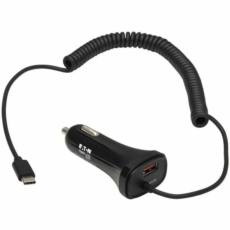 Tripp Lite Dual USB Car Charger 30W with 18W USB-C & 12W USB-A Outputs, 6 ft Coiled Cable, Black Default Title