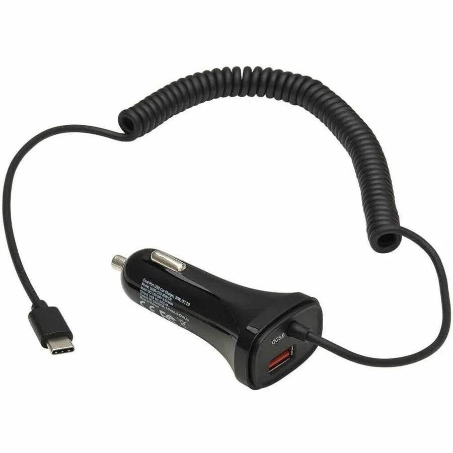 Tripp Lite Dual USB Car Charger 30W with 18W USB-C & 12W USB-A Outputs, 6 ft Coiled Cable, Black