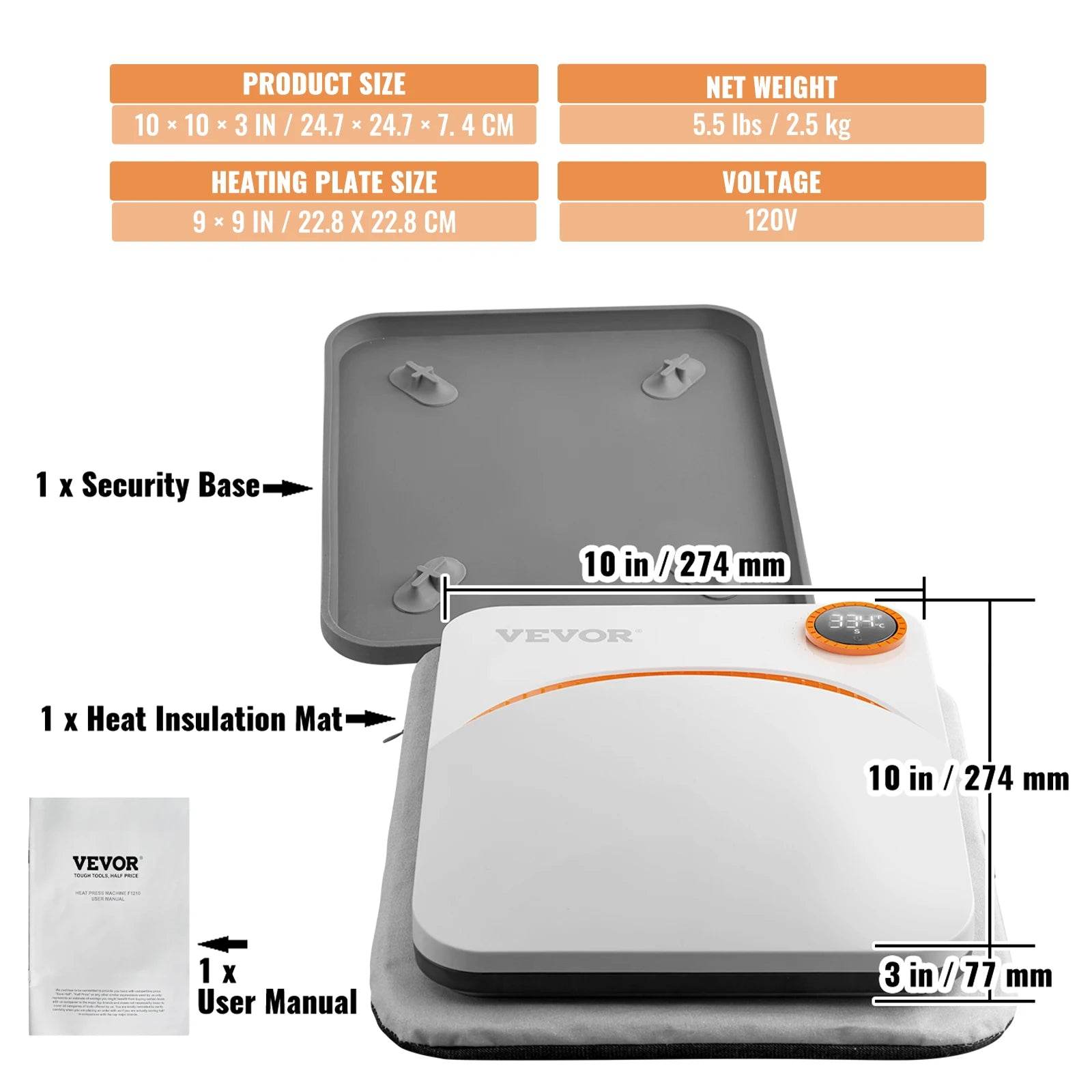 VEVOR 9x9/12x10 Portable Heat Press Machine for DIY Custom T-Shirts, Bags & More 9x9in Orange United States
