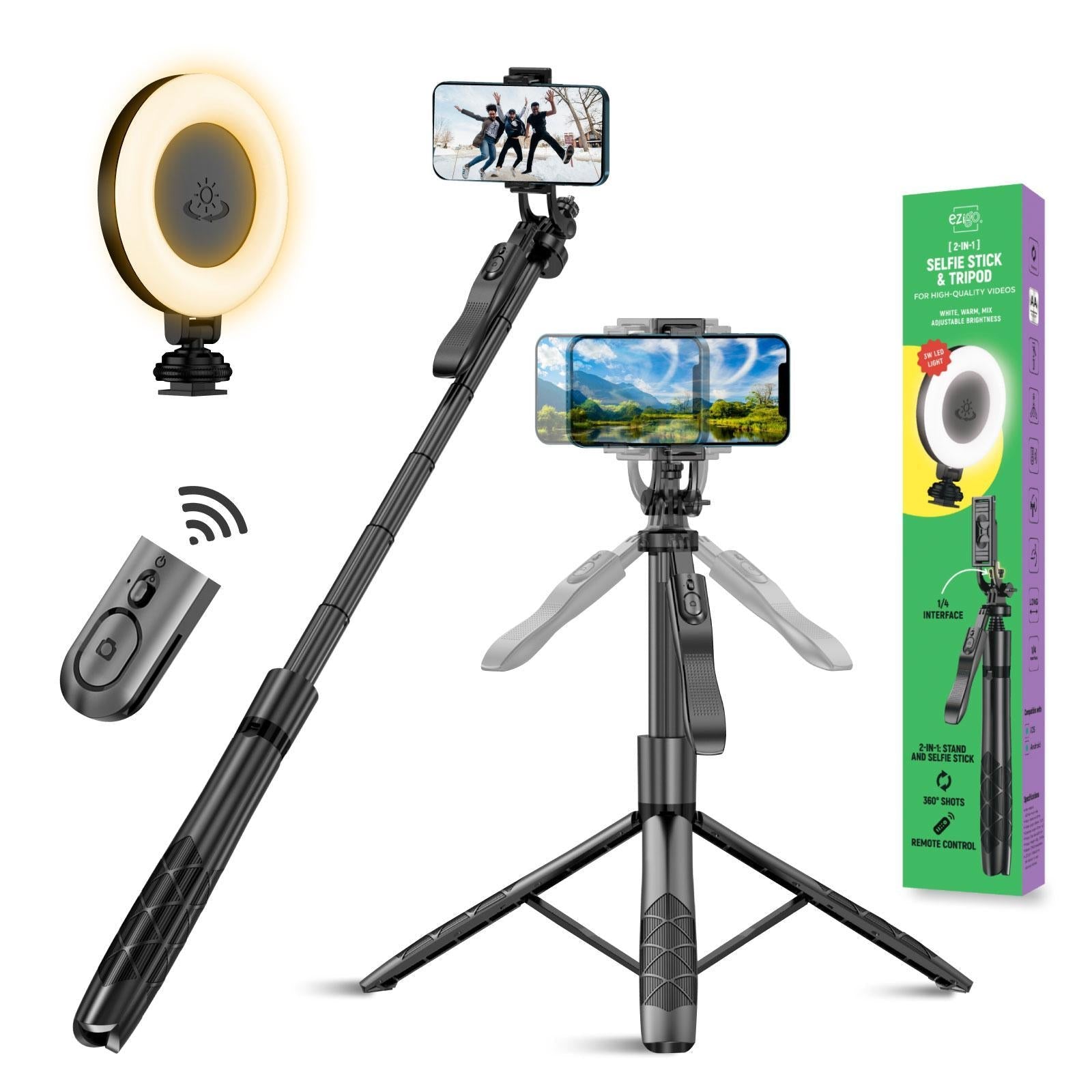 VlogX 62" Adjustable Tripod with 3W LED Light, 360° Rotation & Bluetooth Remote for Phones