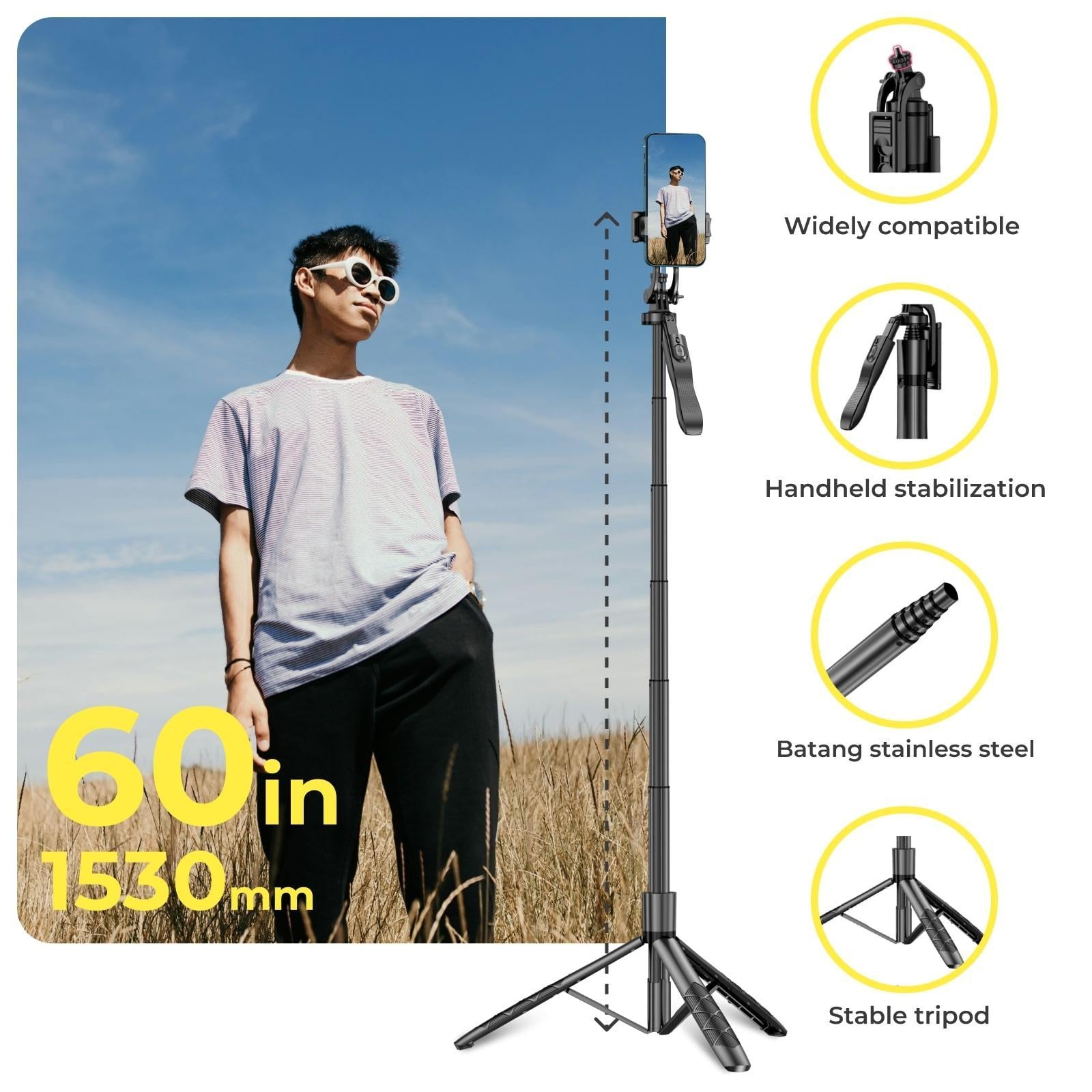 VlogX 62" Adjustable Tripod with 3W LED Light, 360° Rotation & Bluetooth Remote for Phones