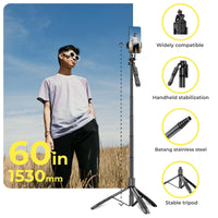 VlogX 62" Adjustable Tripod with 3W LED Light, 360° Rotation & Bluetooth Remote for Phones