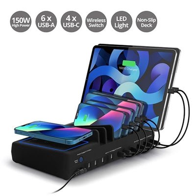 VoltTech 10-Port 150W USB A C Power Hub with Wireless Charging, Simultaneous Charging Support