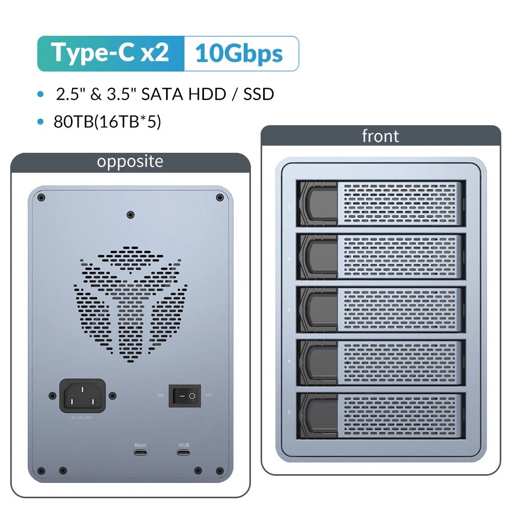 Yottamaster FS5C3 10Gbps USB-C 5-Slot HDD/SSD Enclosure - High-Speed Data Transfer & Daisy-Chain Support USB C NO RAID United States